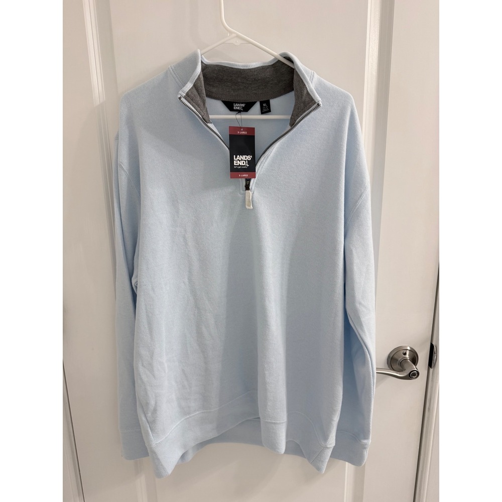 Lands End Mens Quarter Zip Pullover Sweater Light Blue XL NWT Mock Neck Knit